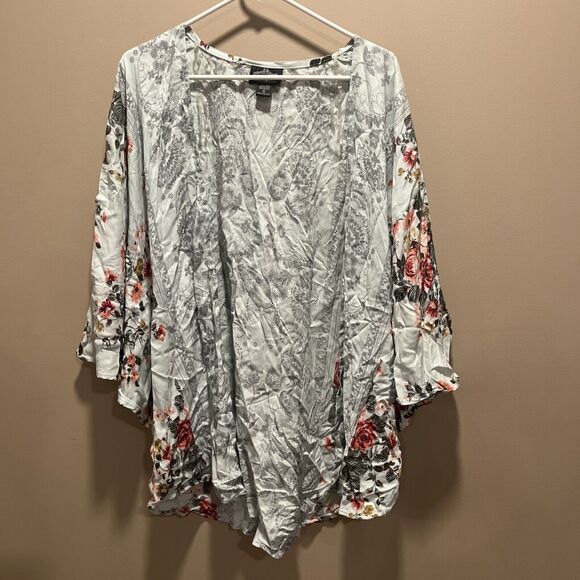 Angie Women's White Pink Floral Kimono Open Cardigan S Flowy Boho Cottage Blooms - Picture 1 of 10